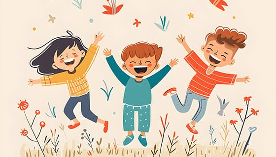 大笑着跳跃起来的三位小朋友图片素材(JPG)