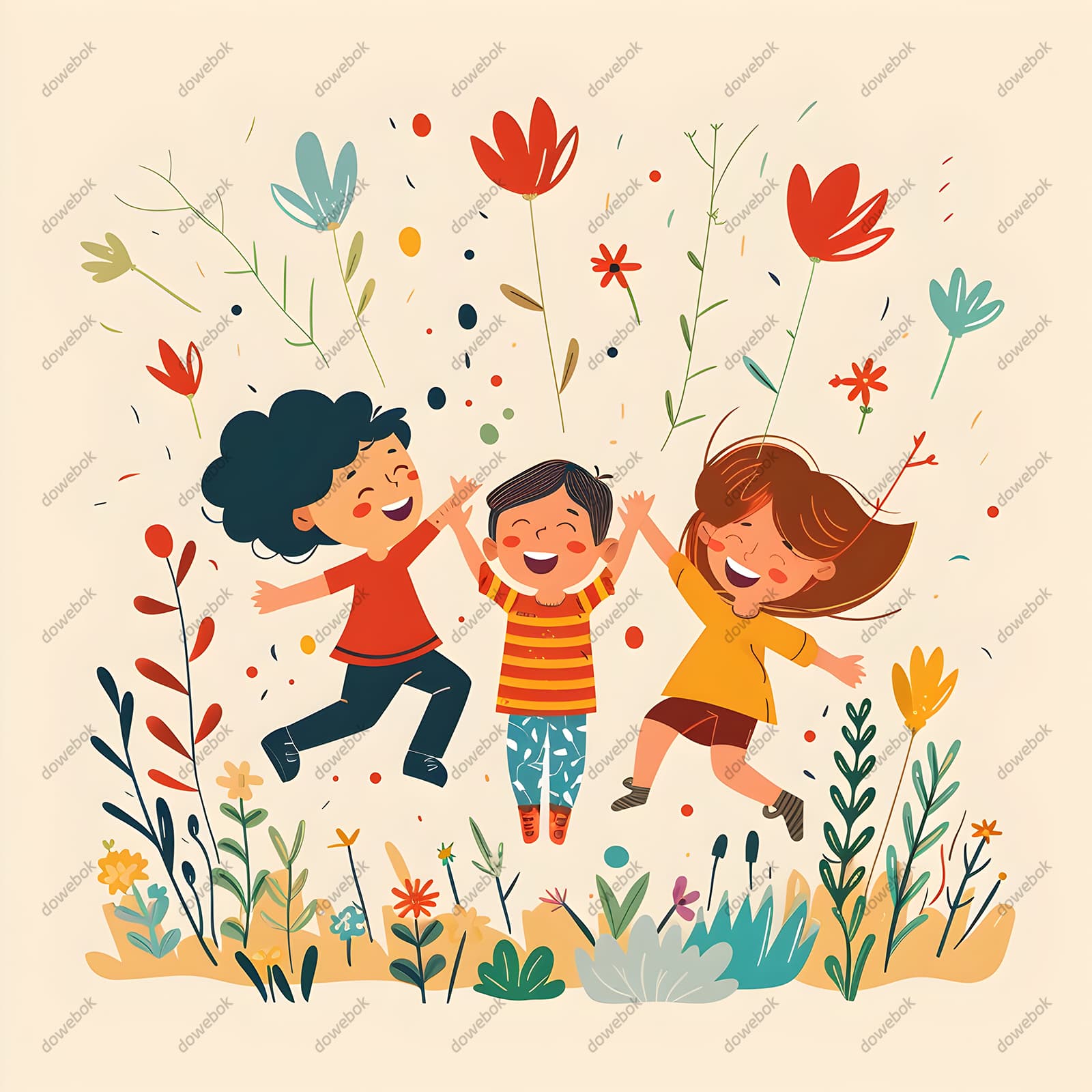 大笑着跳跃起来的三位小朋友图片素材(JPG)