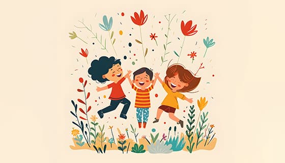 大笑着跳跃起来的三位小朋友图片素材(JPG)