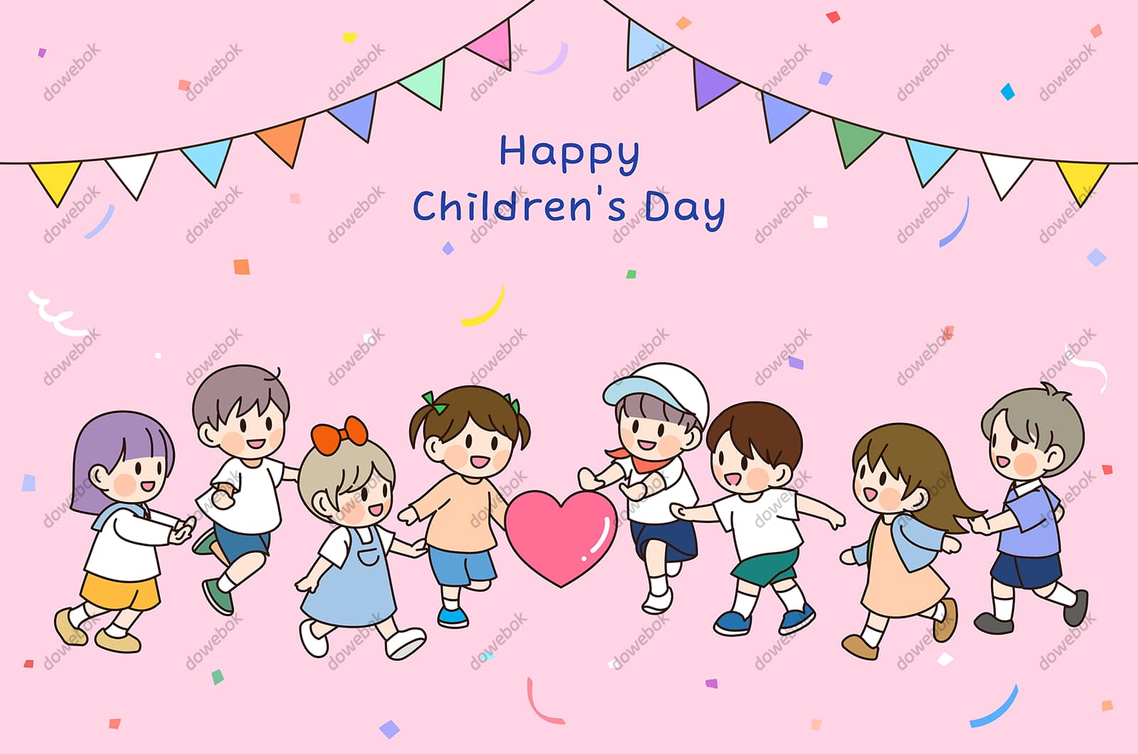 追逐爱心的小朋友设计六一儿童节背景矢量素材(EPS)