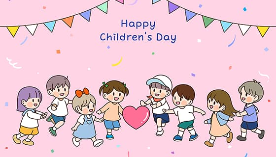 追逐爱心的小朋友设计六一儿童节背景矢量素材(EPS)