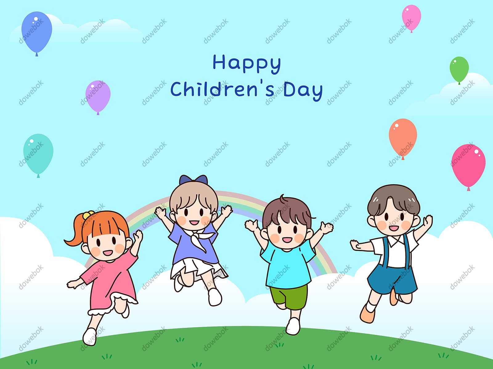 草地上跳跃起来的小朋友设计六一儿童节背景矢量素材(EPS)