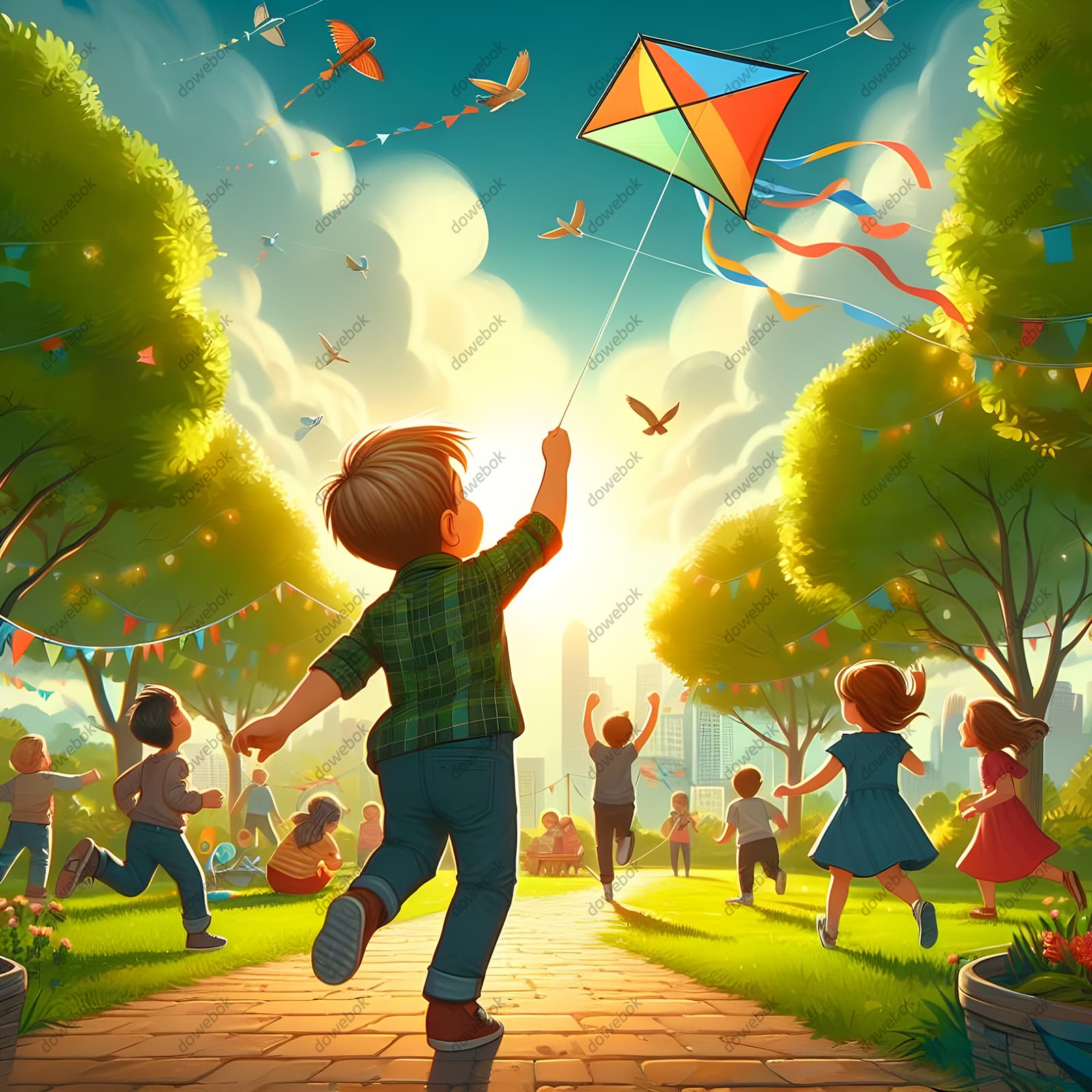 公园里放风筝的小朋友们图片素材(JPG)