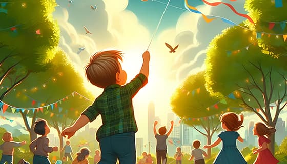 公园里放风筝的小朋友们图片素材(JPG)