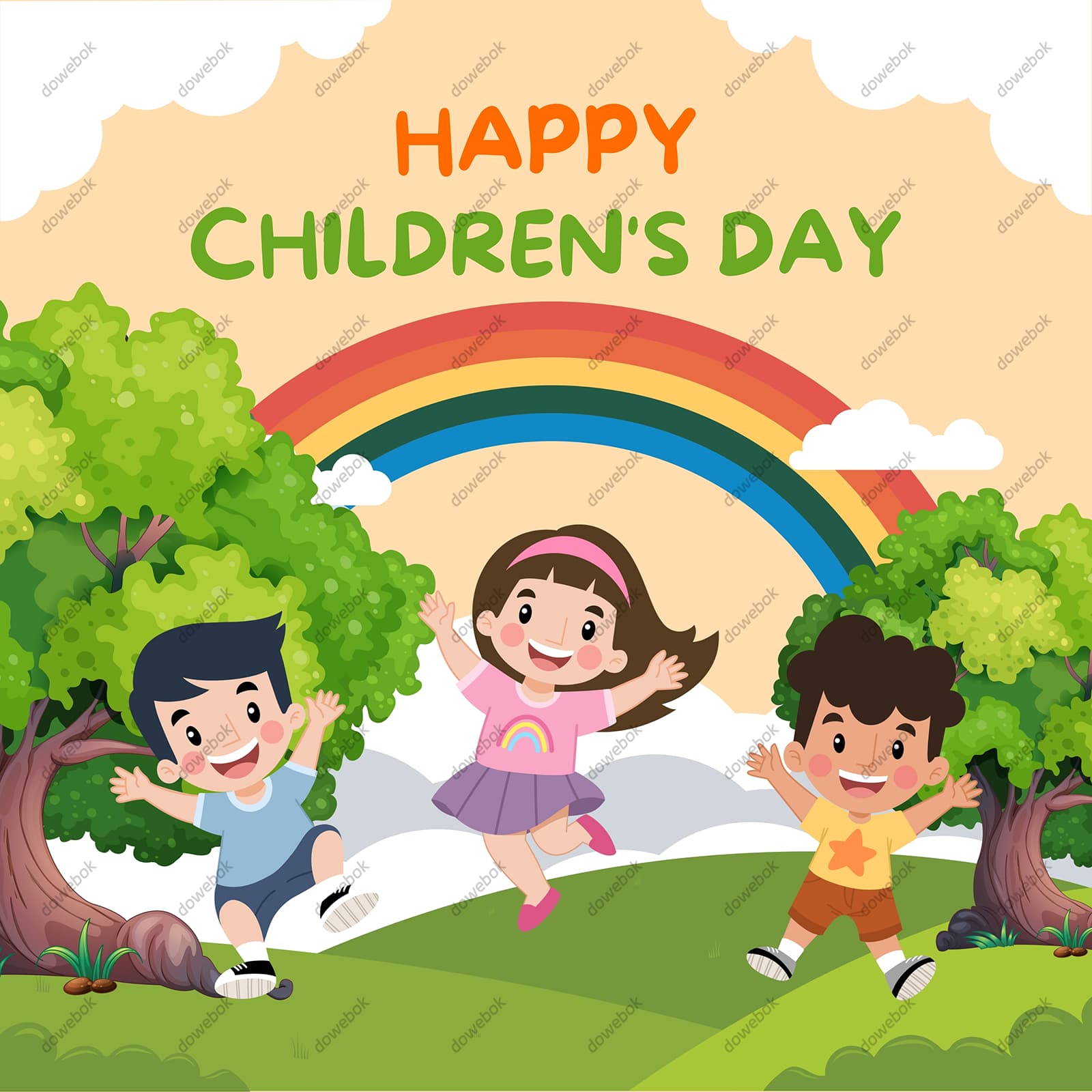 森林里跳跃着庆祝六一儿童节的小朋友素材(PSD)