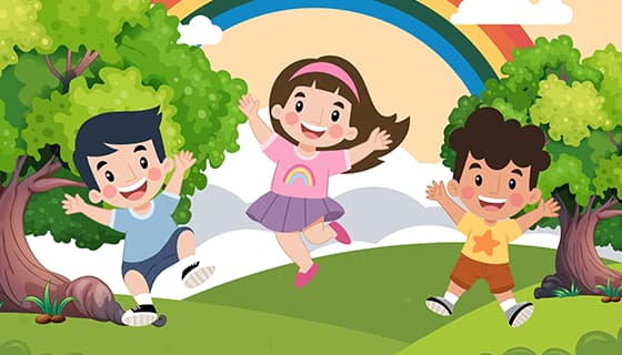 森林里跳跃着庆祝六一儿童节的小朋友素材(PSD)