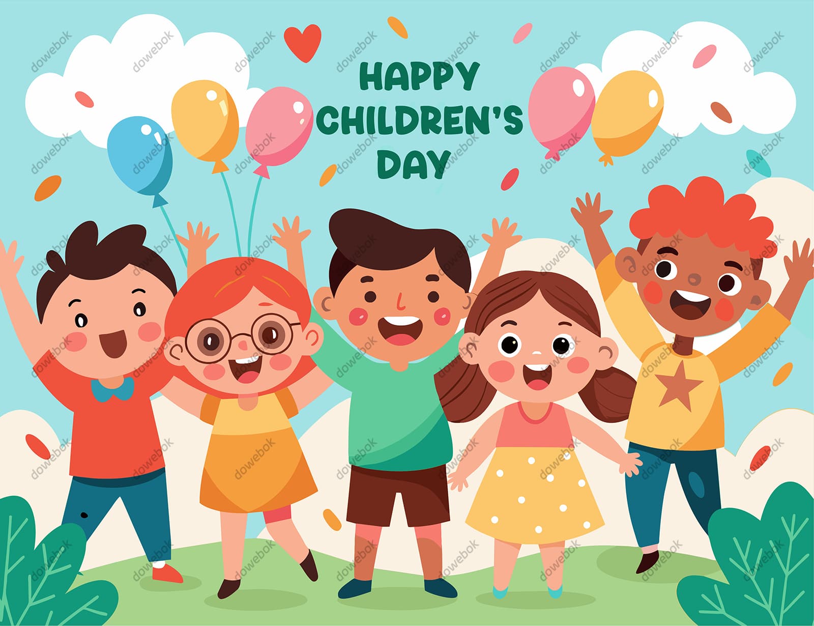 举起双手庆祝六一儿童节的小朋友矢量素材(EPS)