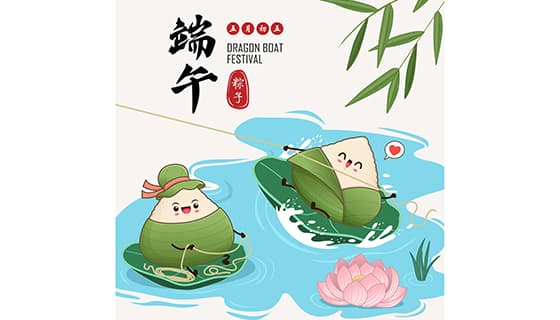 用荷叶当船在河里嬉戏的粽子设计端午节矢量素材(EPS)