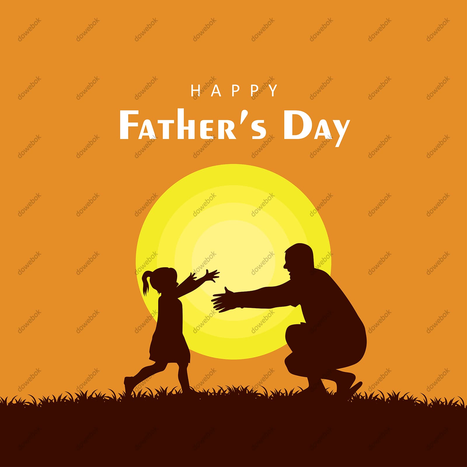 夕阳下女儿奔向爸爸设计父亲节背景图片矢量素材(EPS)