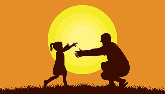 夕阳下女儿奔向爸爸设计父亲节背景图片矢量素材(EPS)