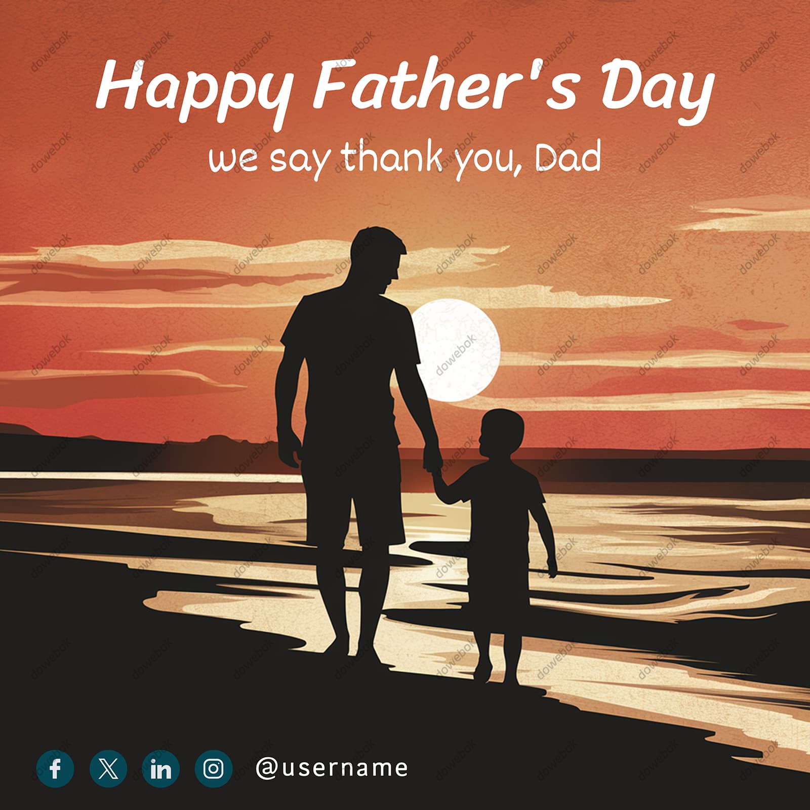 爸爸牵着儿子在海边散步设计父亲节背景图片素材(PSD)