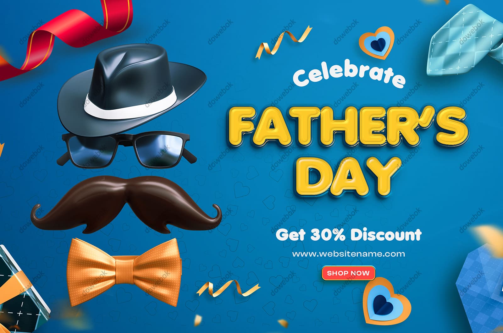 绅士帽眼镜胡子蝴蝶结等设计父亲节促销背景素材(PSD)