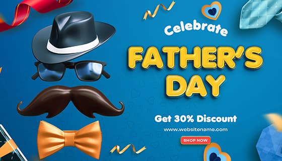 绅士帽眼镜胡子蝴蝶结等设计父亲节促销背景素材(PSD)