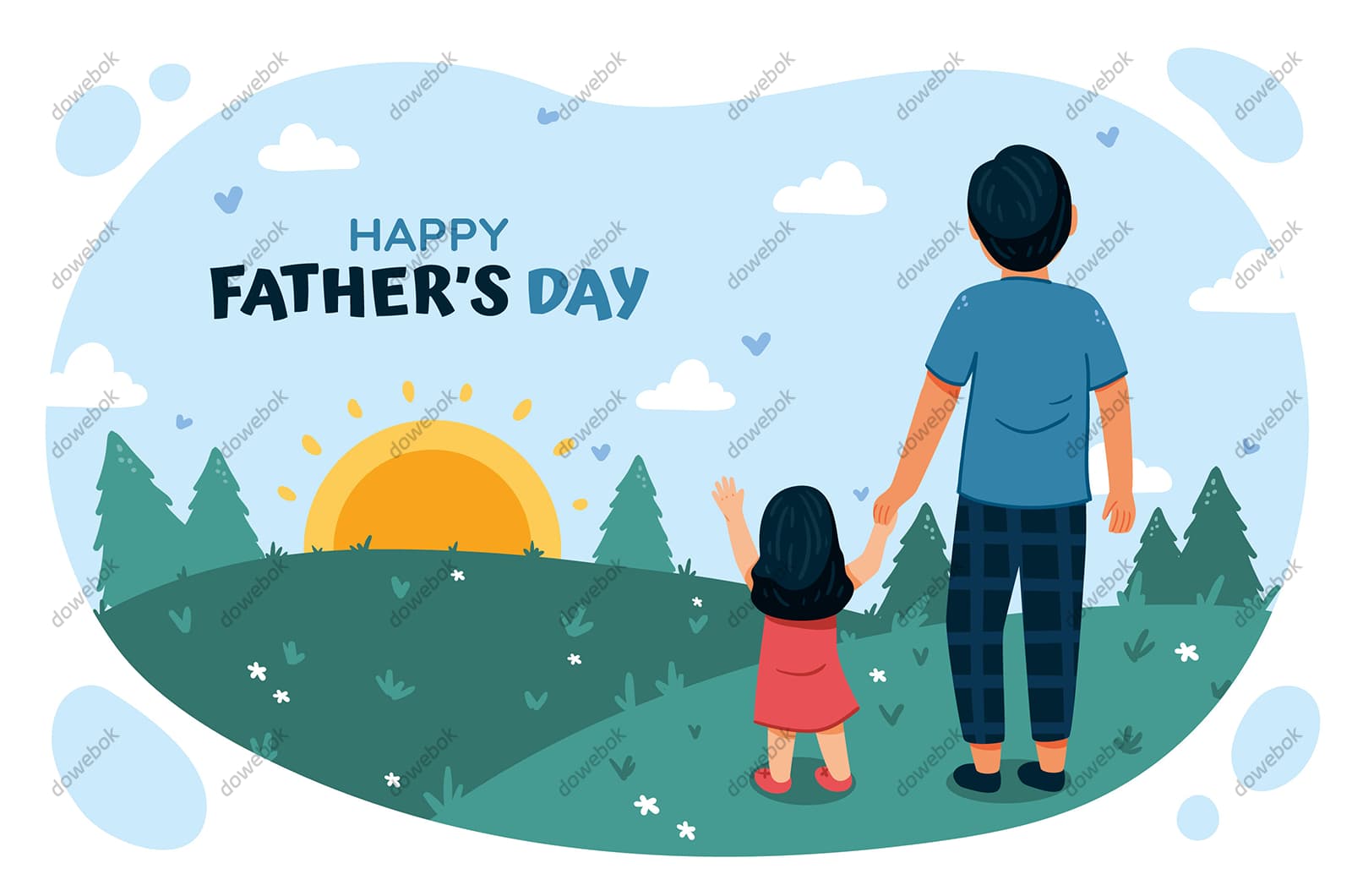 爸爸带女儿户外看日出设计父亲节插画矢量素材(AI/EPS)