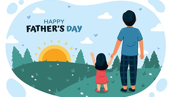 爸爸带女儿户外看日出设计父亲节插画矢量素材(AI/EPS)