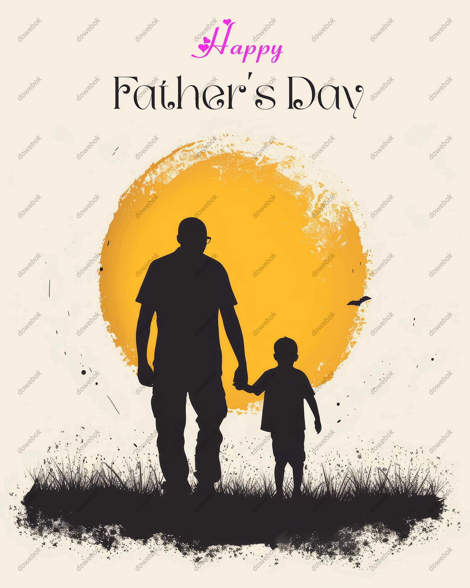 爸爸牵着儿子的剪影设计父亲节背景图片素材(PSD)
