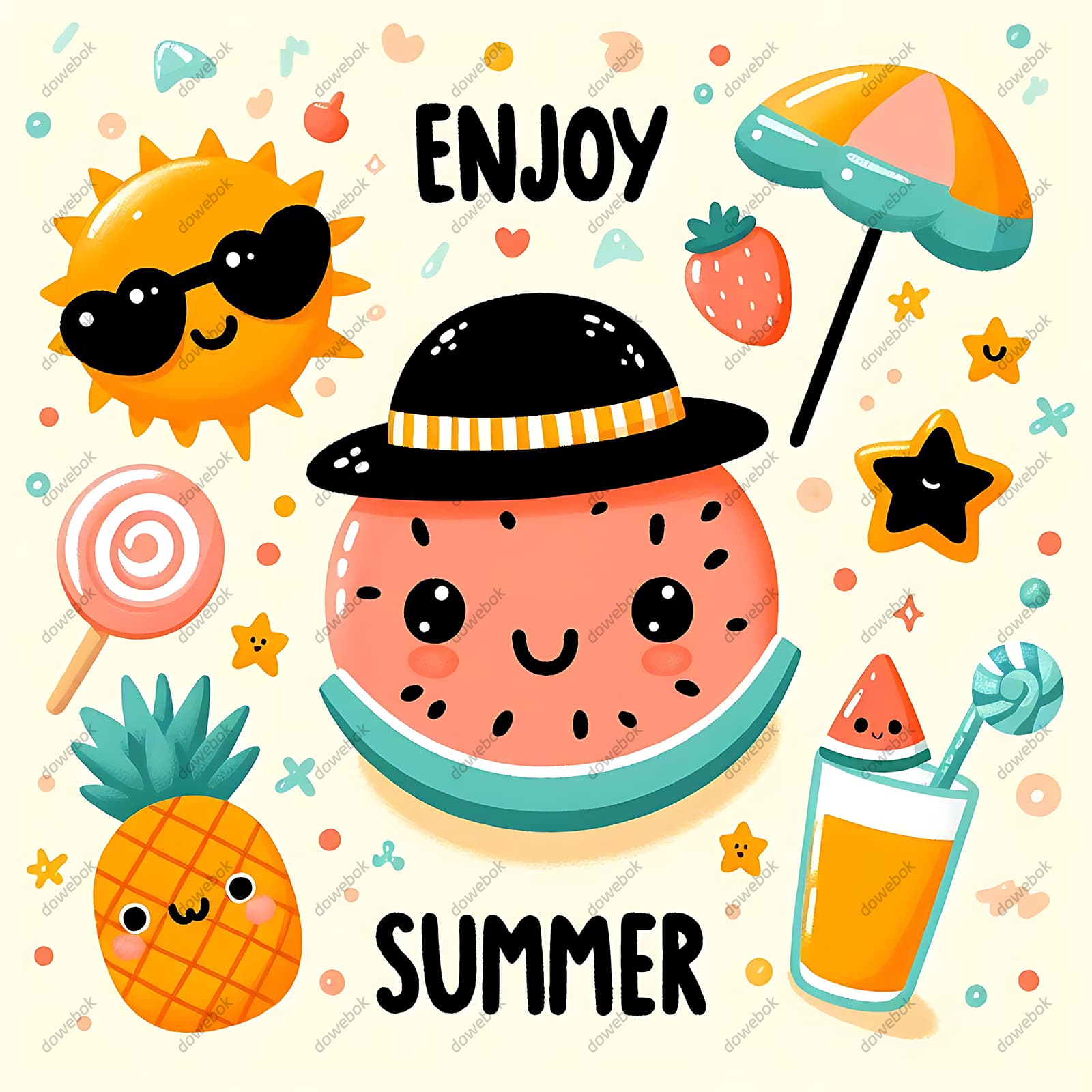 西瓜太阳遮阳伞菠萝等设计夏天背景图片素材(JPG)