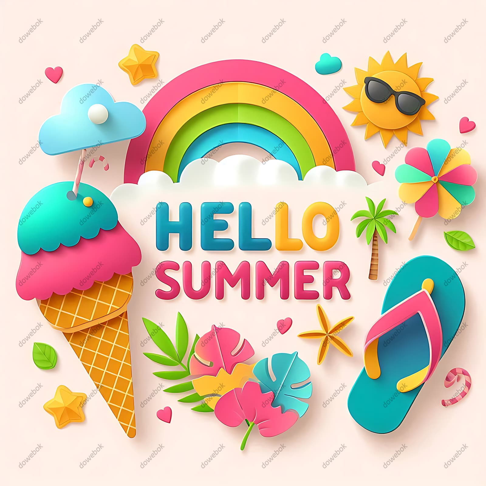 太阳彩虹冰淇淋人字拖等设计夏天图片素材(JPG)