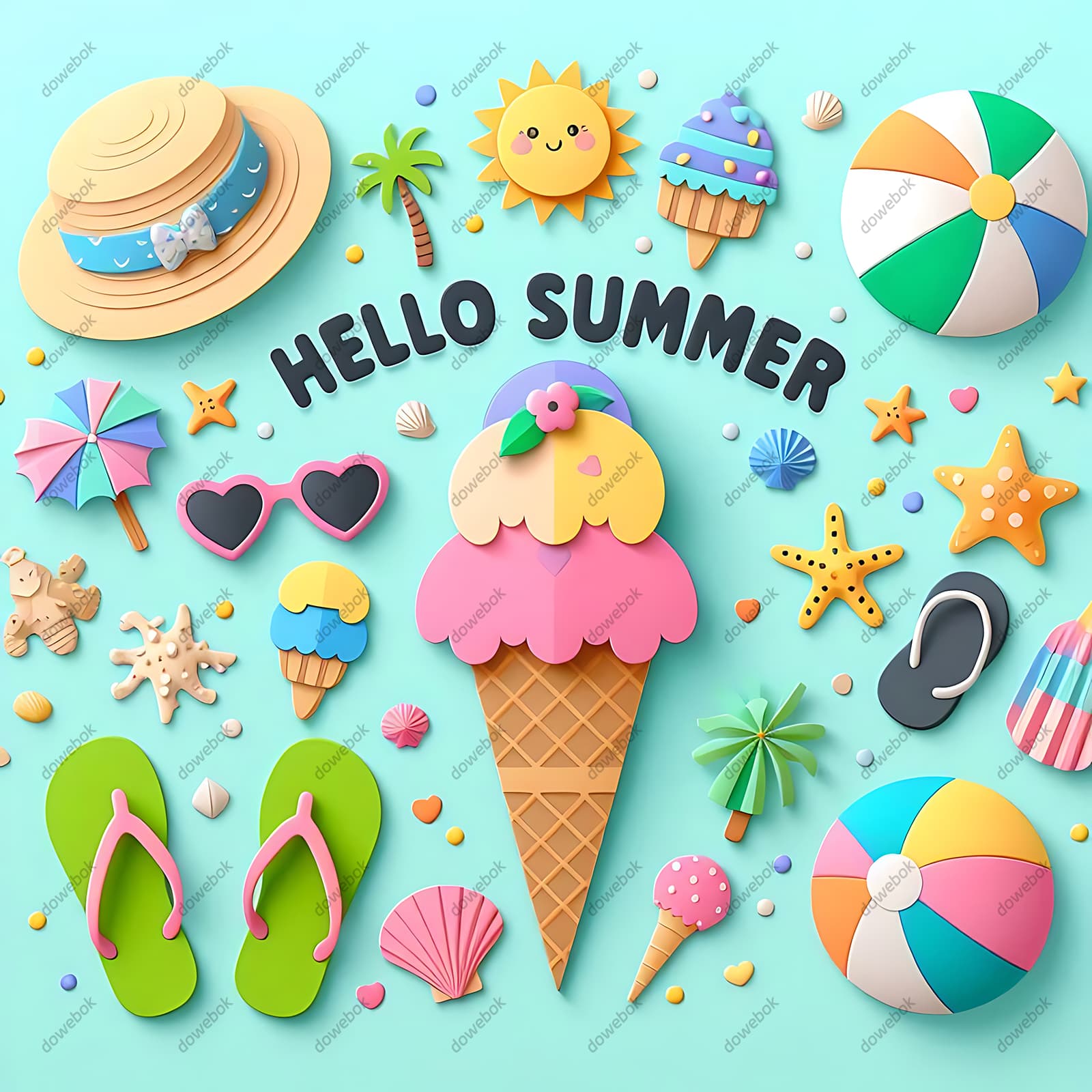 冰淇淋人字拖太阳帽等设计夏天图片素材(JPG)