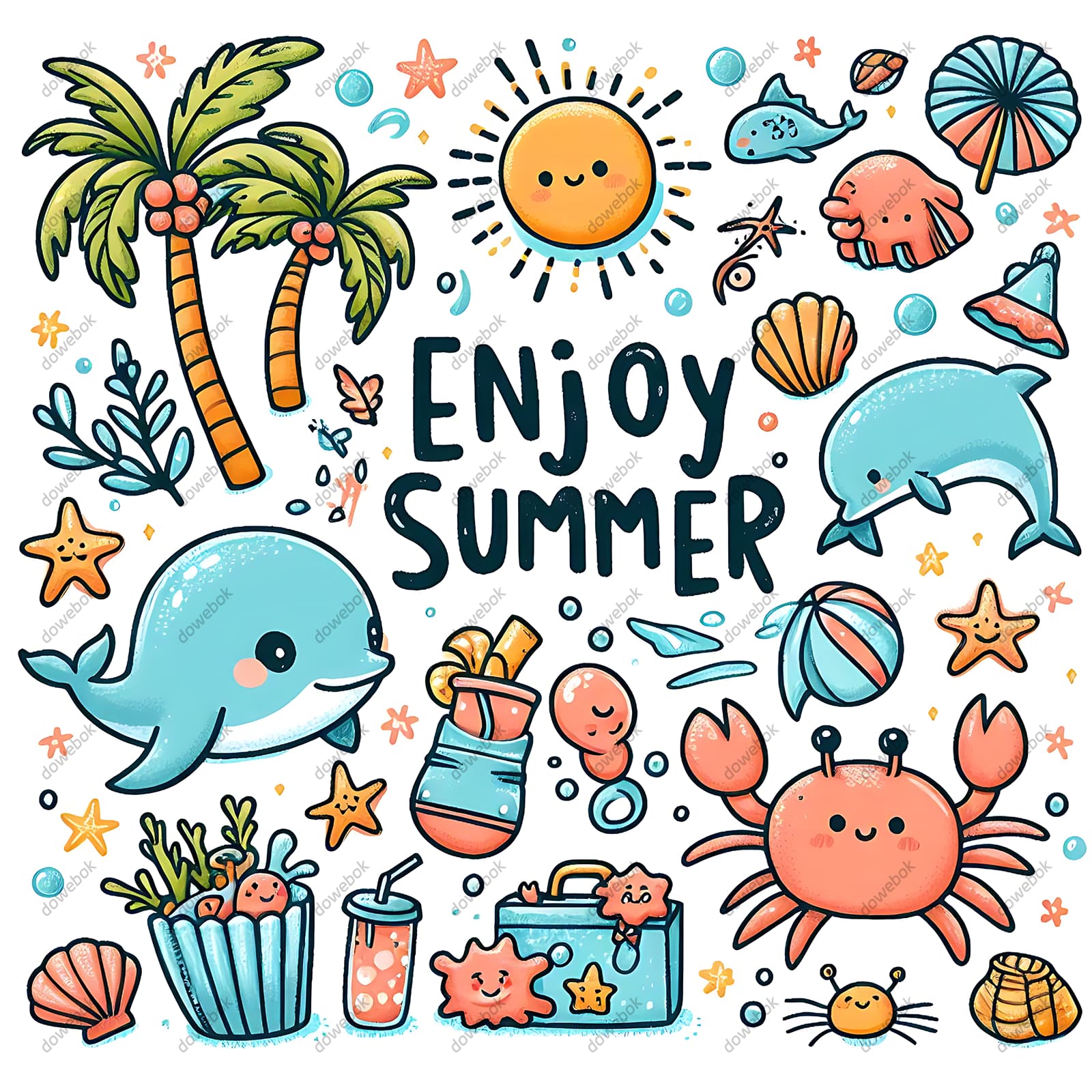 太阳椰子树海豚蟹子等设计夏天图片素材(JPG)