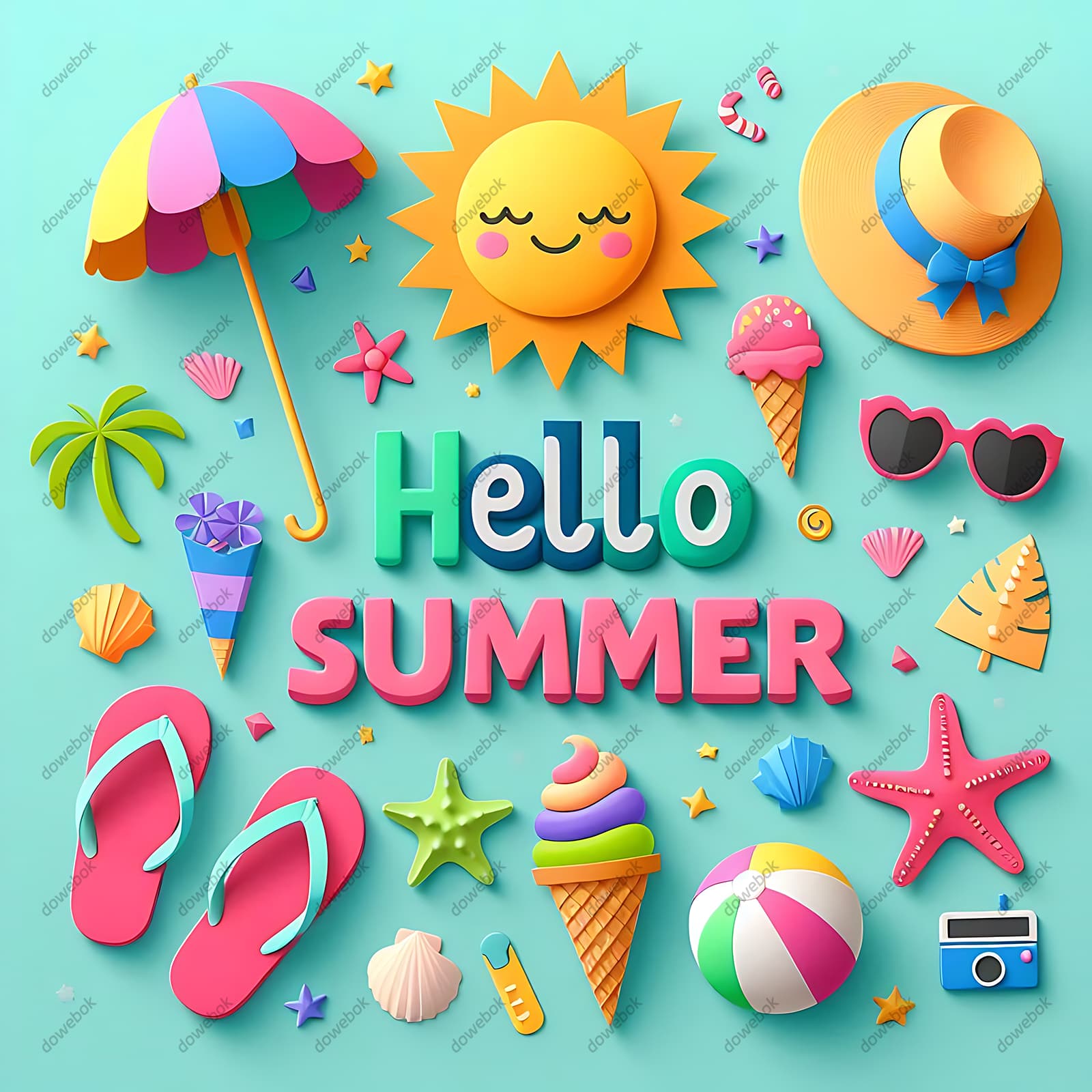 太阳遮阳伞冰淇淋人字拖等设计夏天图片素材(JPG)