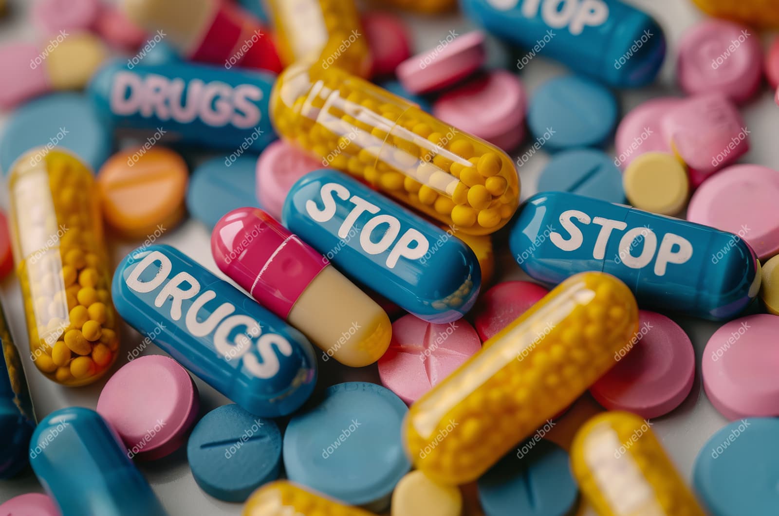 不同颜色的药片和胶囊设计禁毒图片素材(JPG)