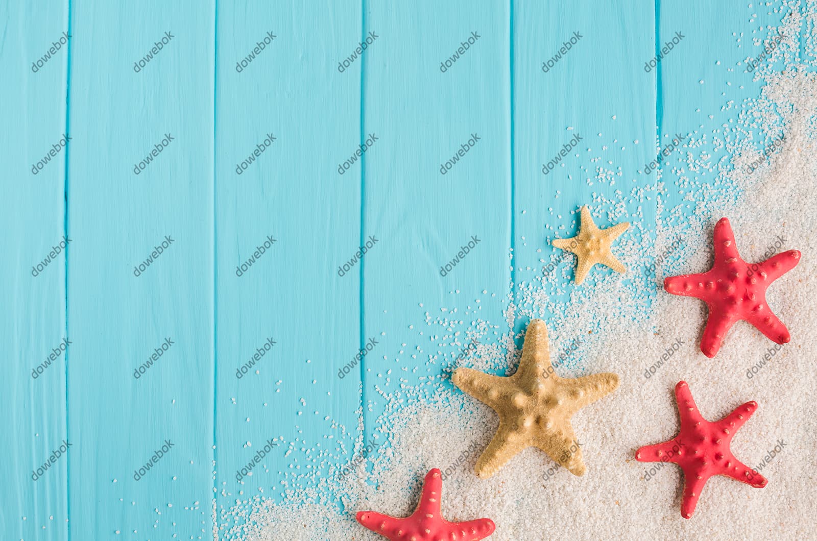蓝色木板上的海星设计清新夏天背景图片素材(JPG)