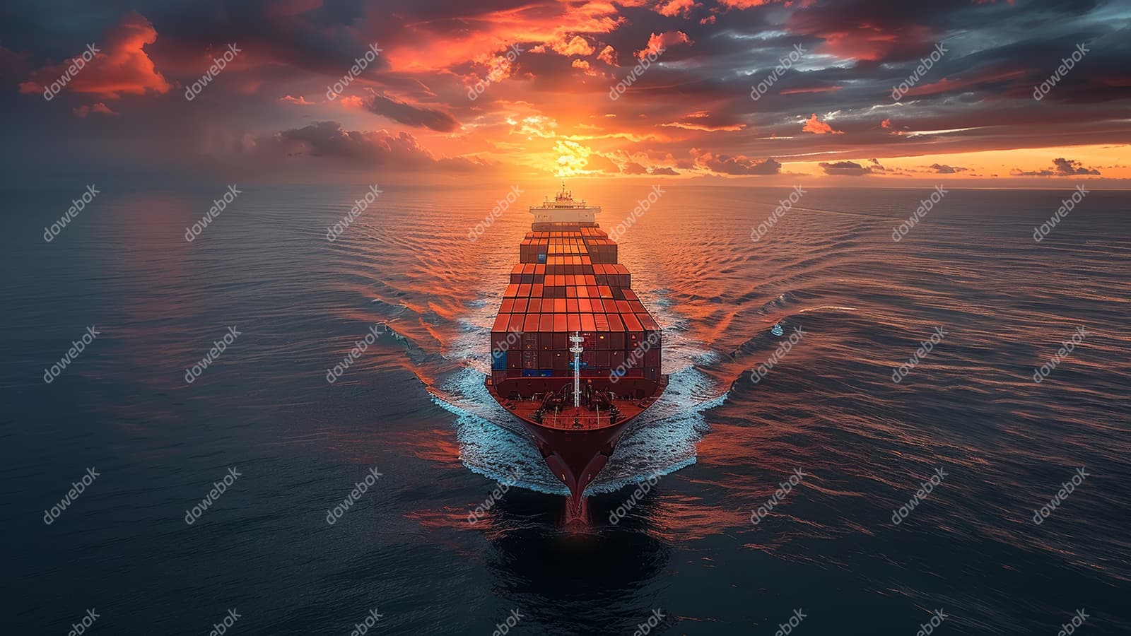 夕阳下一艘装满货物航行在大海上的货轮图片素材(JPG)