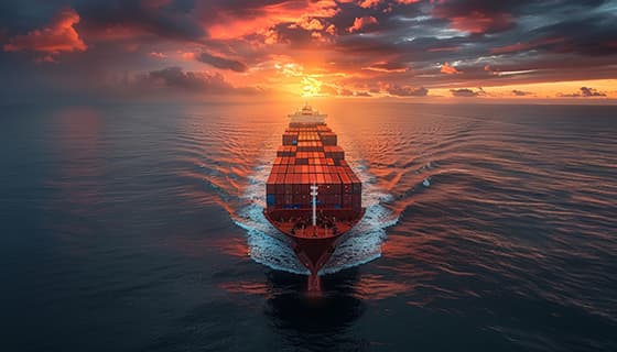夕阳下一艘装满货物航行在大海上的货轮图片素材(JPG)