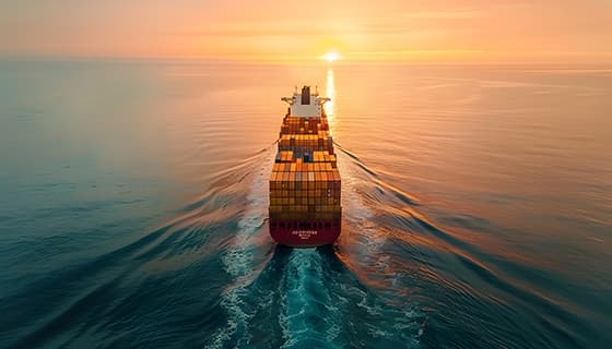 夕阳下一艘装满货物航行在大海上的货轮图片素材(JPG)