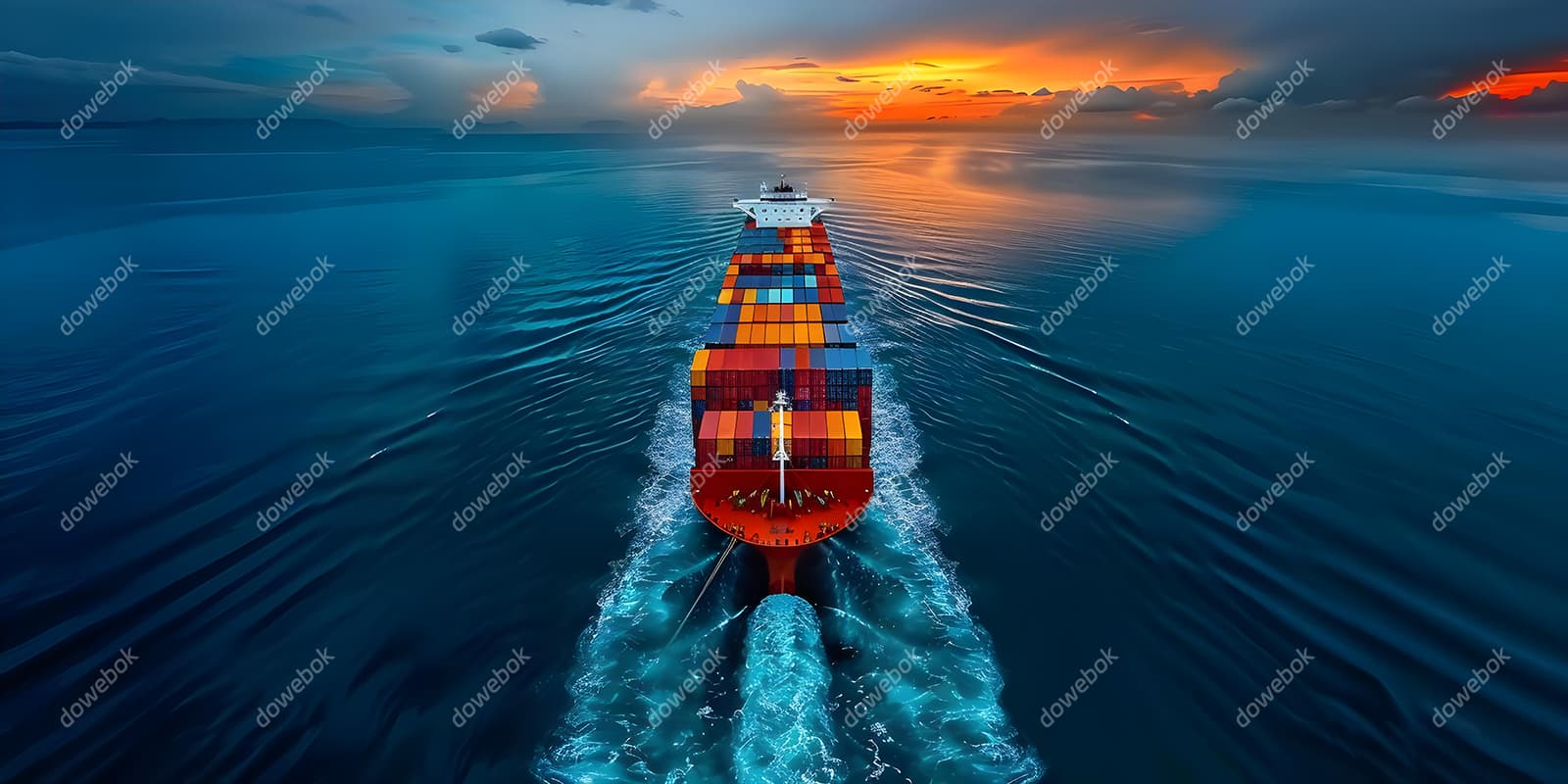 夕阳下一艘装满货物航行在大海上的货轮图片素材(JPG)