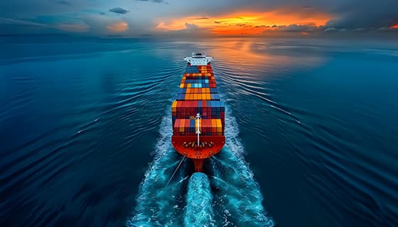 夕阳下一艘装满货物航行在大海上的货轮图片素材(JPG)