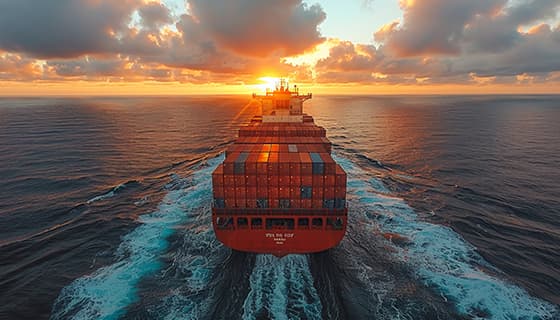 夕阳下一艘装满货物航行在大海上的货轮图片素材(JPG)