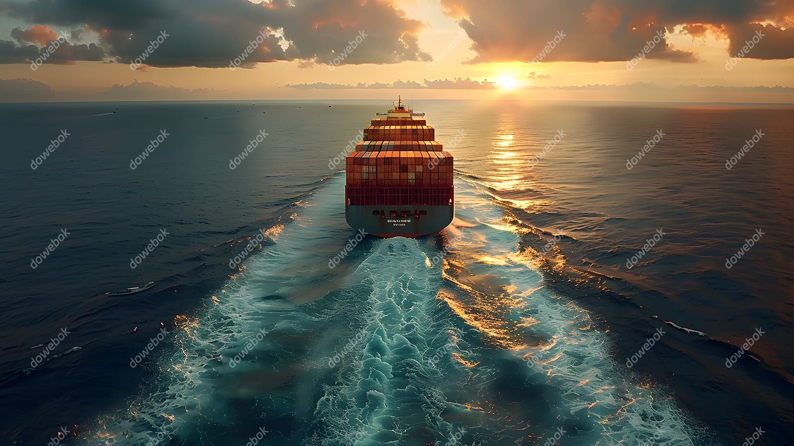 夕阳下一艘装满货物航行在大海上的货轮图片素材(JPG)