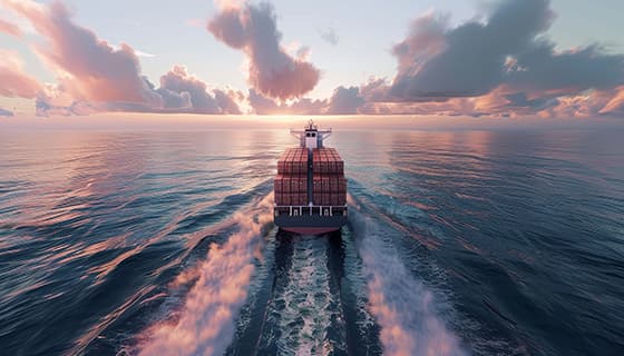 夕阳下一艘装满货物航行在大海上的货轮图片素材(JPG)