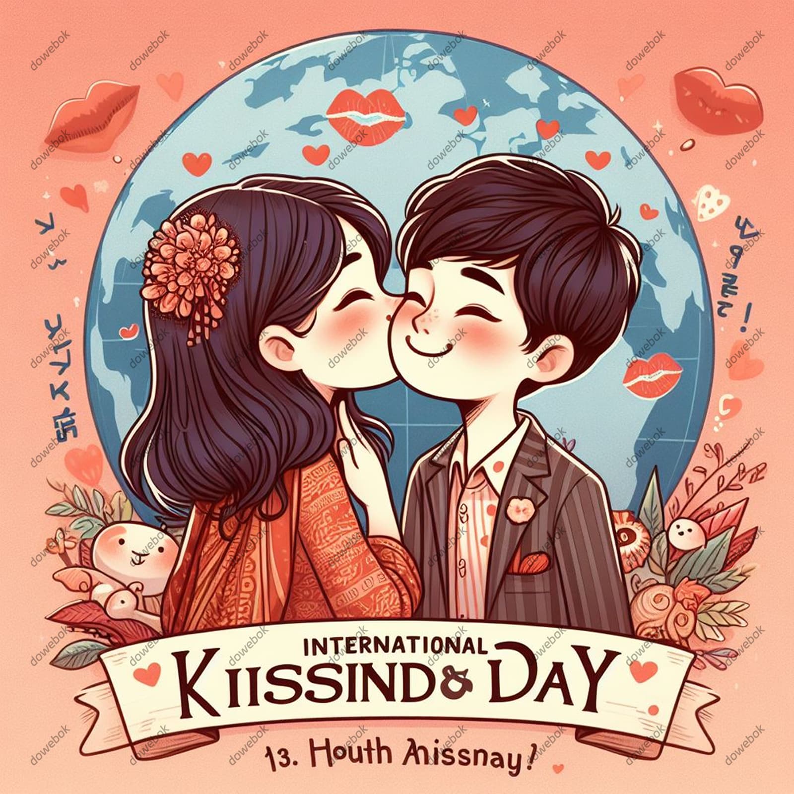 幸福亲吻的情侣恋人设计国际接吻日图片素材(JPG)