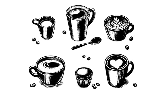 六杯手绘黑色咖啡矢量素材(EPS)