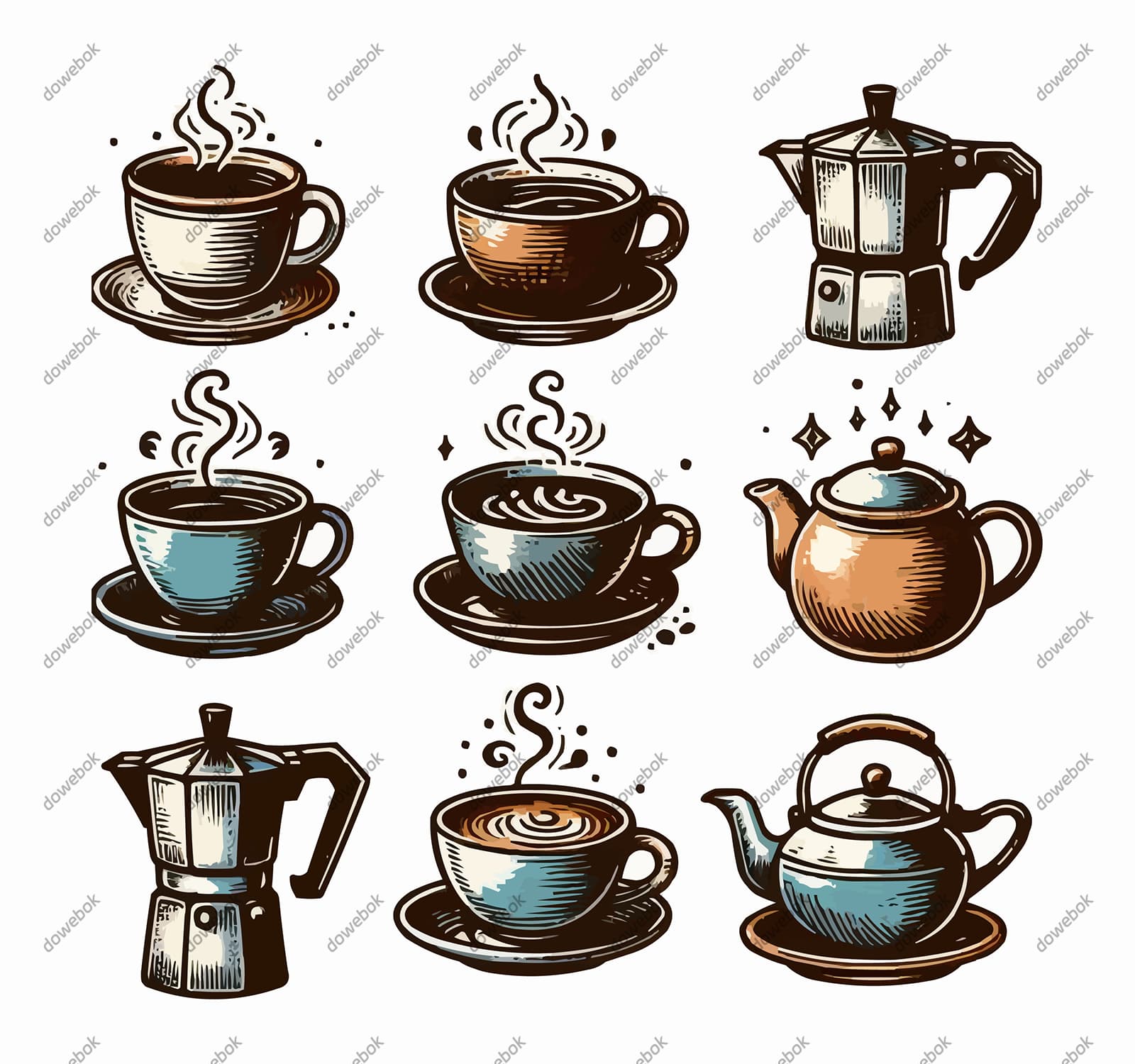 九个手绘风格的咖啡和咖啡壶矢量素材(EPS)