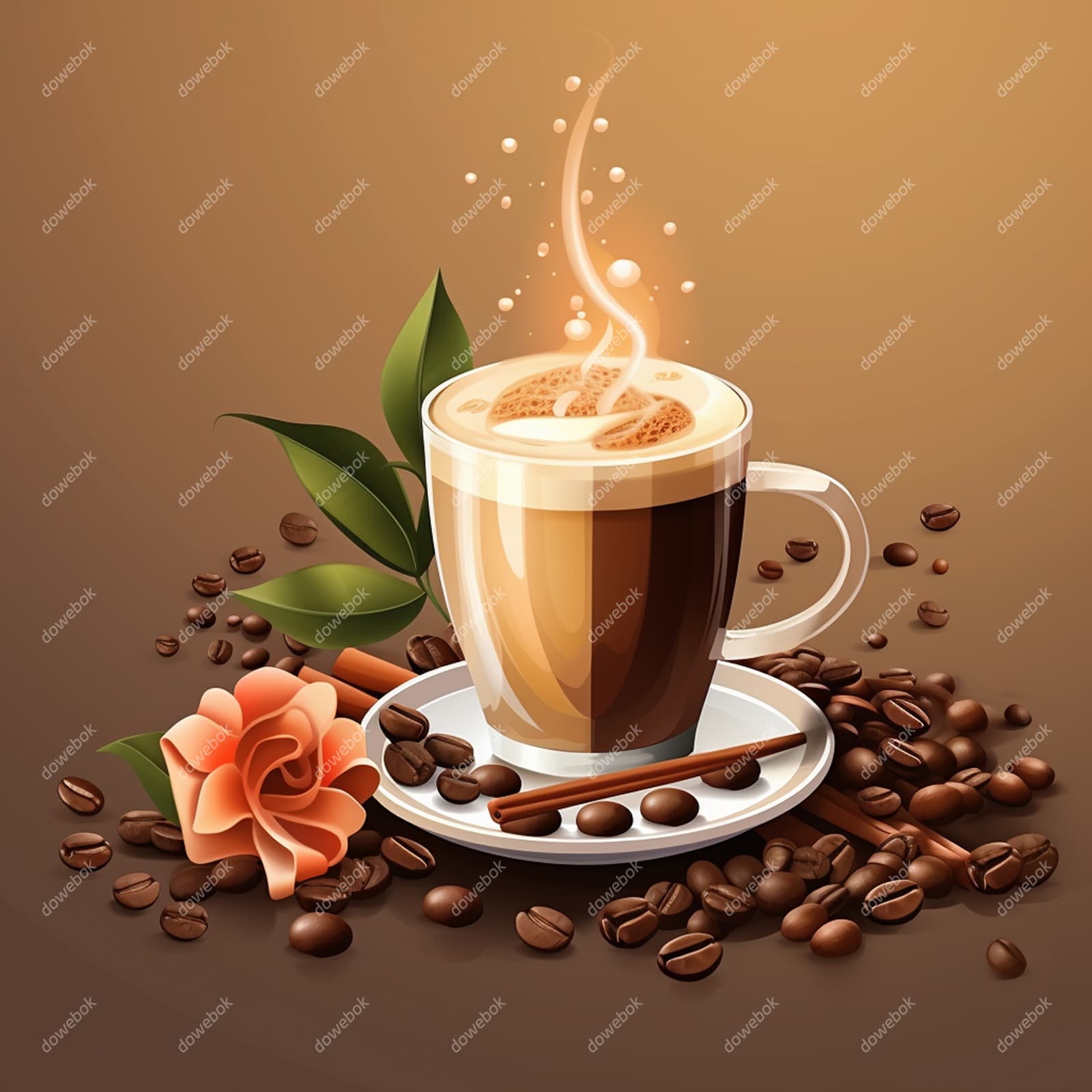 花朵和绿叶点缀的咖啡和咖啡豆矢量素材(EPS)