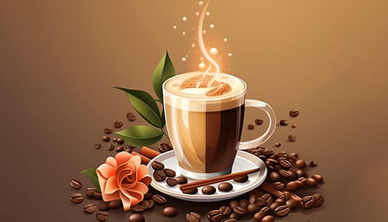 花朵和绿叶点缀的咖啡和咖啡豆矢量素材(EPS)