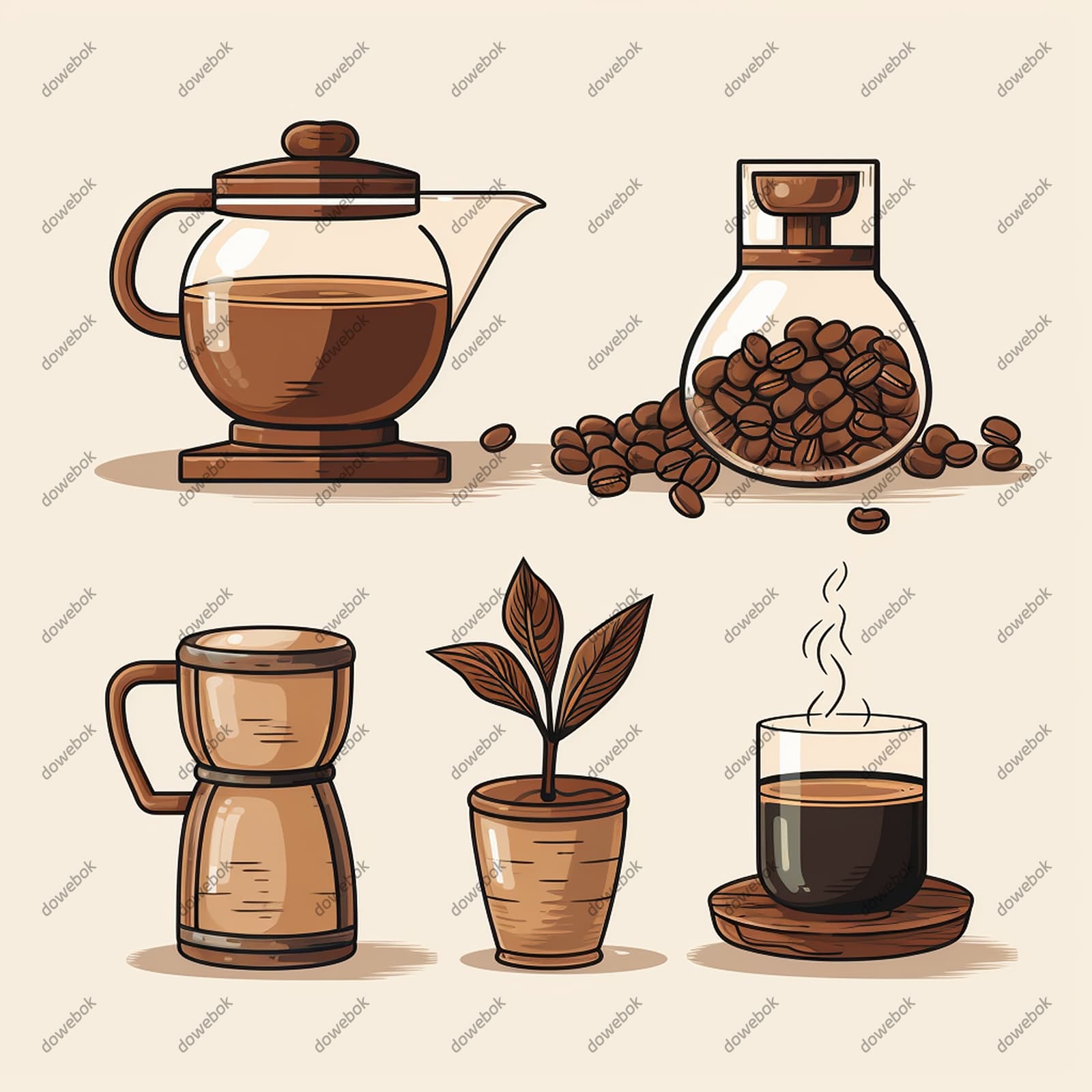 手绘风格的咖啡咖啡豆和咖啡壶矢量素材(EPS)