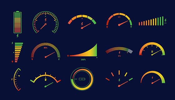 15个不同样式的电池电量图标/指示图/仪表盘矢量素材(EPS)