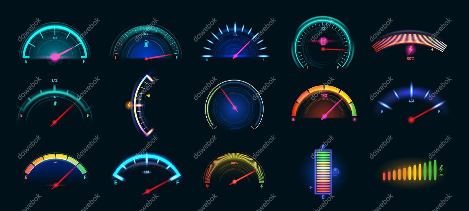 15个不同样式的电池电量图标/指示图/仪表盘矢量素材(EPS)