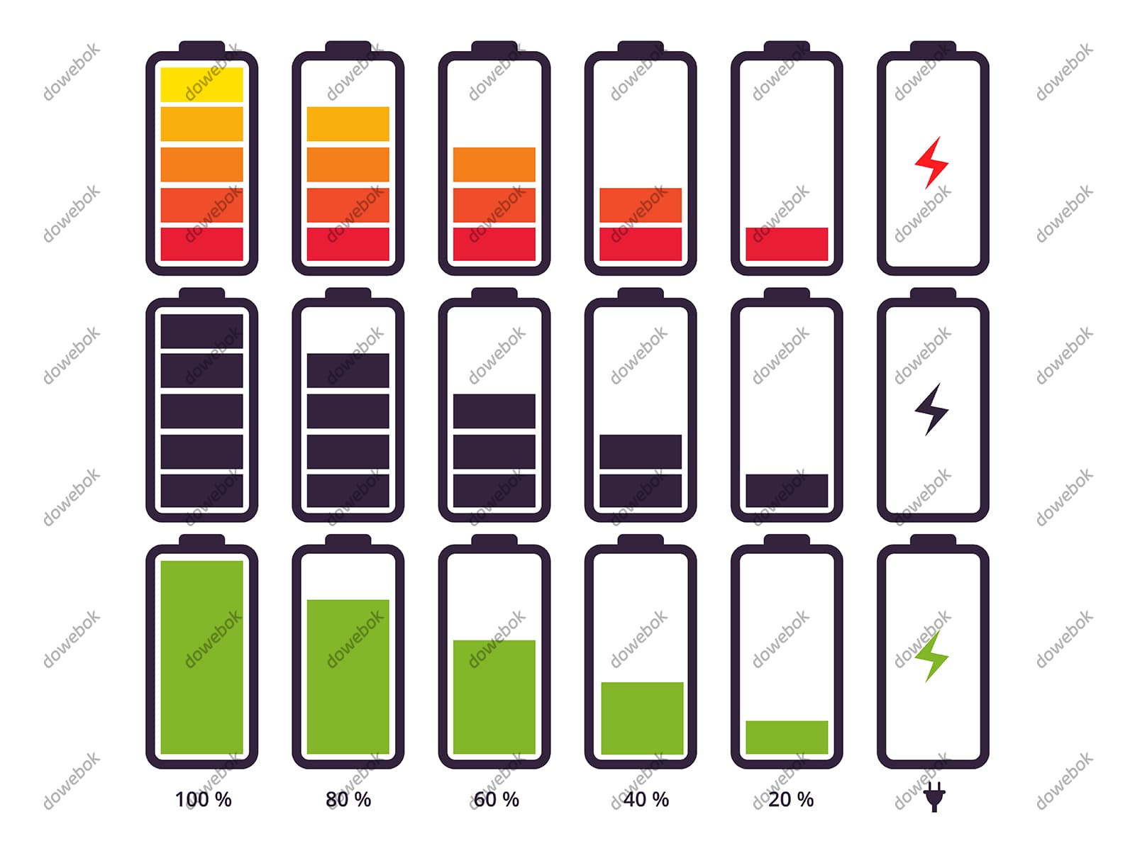 不同电量和颜色的电池图标矢量素材(EPS)