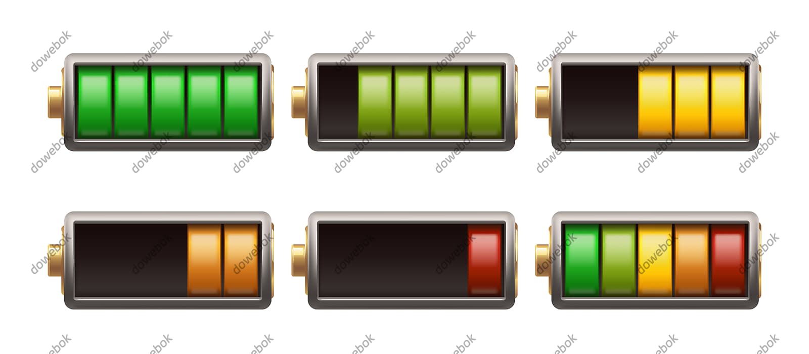 六个不同电量的立体电池矢量素材(EPS)