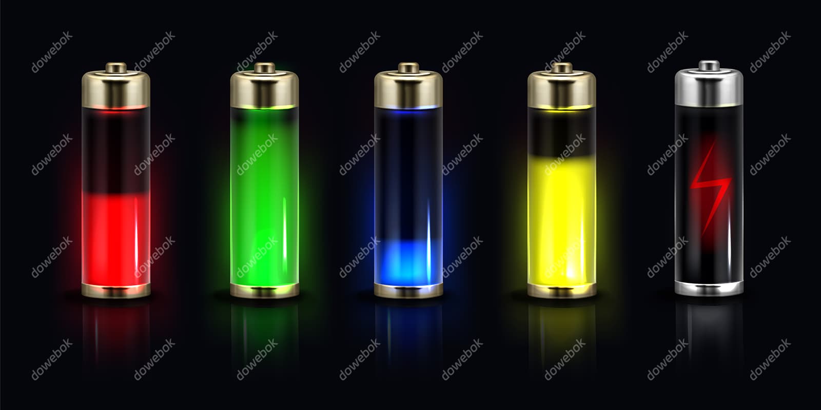 五个不同颜色和电量的电池矢量素材(AI/EPS)