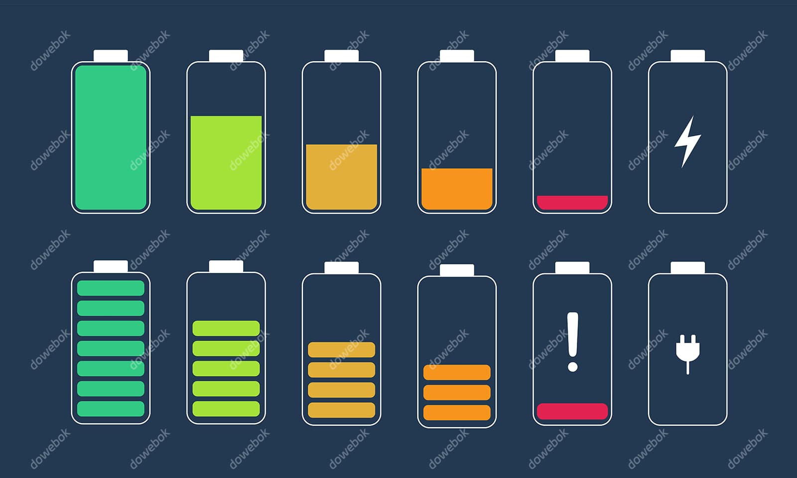 不同颜色和电量的电池图标矢量素材(EPS)