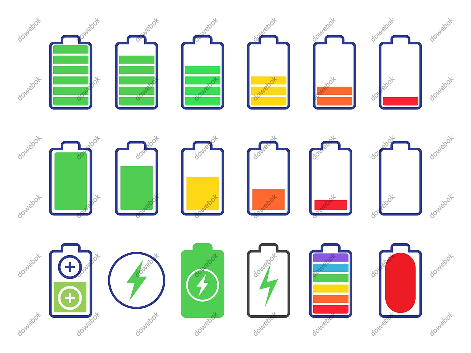 不同颜色和电量的电池图标矢量素材(EPS)