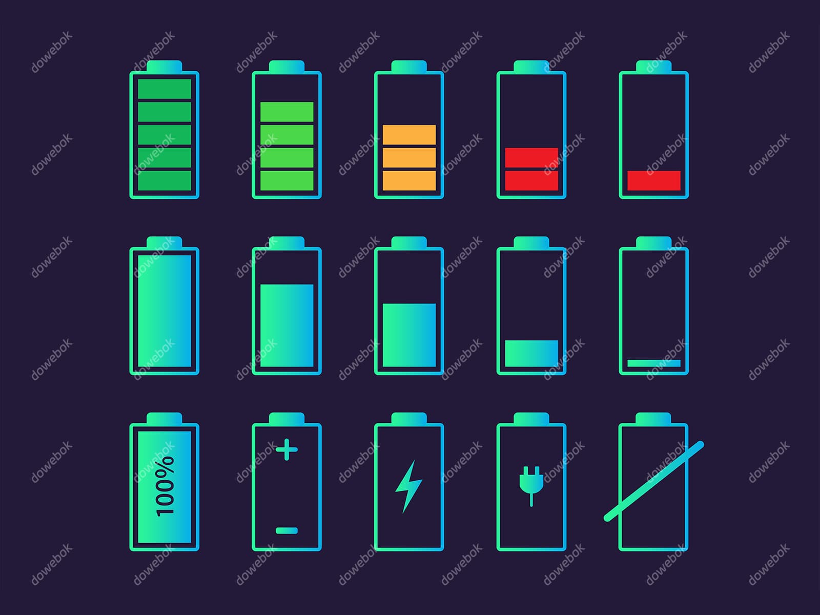 15个不同样式的电池图标矢量素材(EPS)