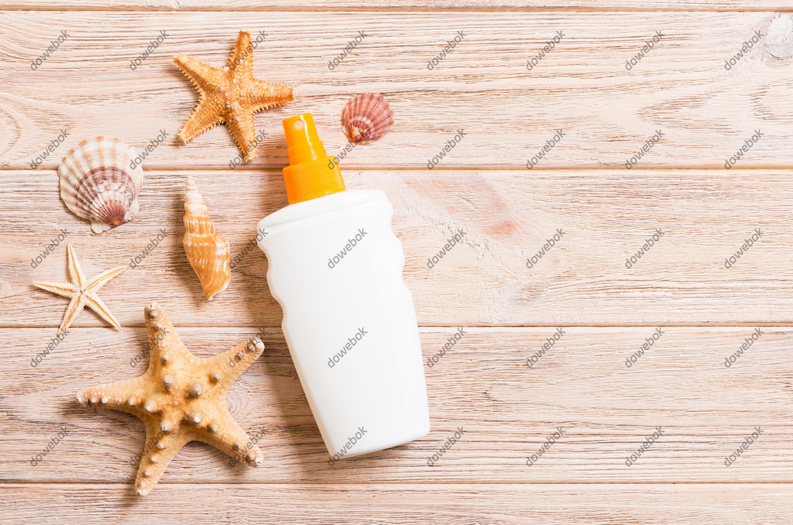 木桌上的防晒霜海星贝壳图片素材(JPG)
